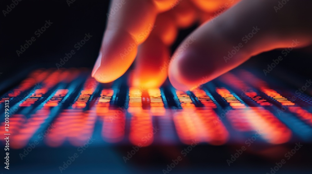 Poster a dramatic image of close up of fingers interacting with glowing digital interface futuristic techno