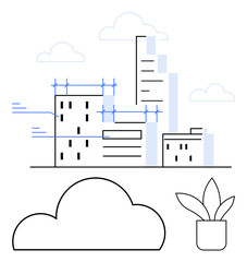 Modern city with buildings under construction, highlighted by scaffolding lines, clouds, and a plant pot. Ideal for urban planning, architecture, construction, sustainability, environment growth