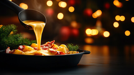 French Raclette melted cheese, poured over potatoes and cured meats in a cozy Alpine chalet, [European winter cuisine, luxurious warmth]