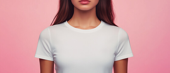 Closeup photo of a young woman wearing a white t-shirt against a soft pink background studio photo. A campaign for breast cancer awareness. 