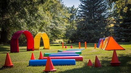 A vibrant obstacle course at a kids camp with cones, tunnels, and balance beams