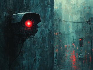 A glowing red security camera looms over a dark rainy city street. Cyberpunk or dystopian illustration for book cover, poster, or album art.