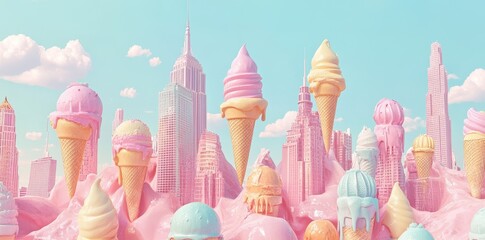 A Sweet Cityscape of Melting Ice Cream Cones and Buildings