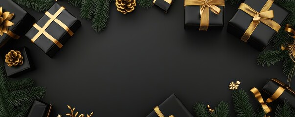 Frame of sleek black presents and golden holiday decorations, centered around a blank space for text or branding, exuding sophistication