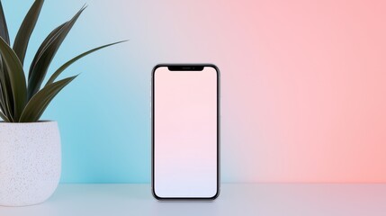 Smartphone with a blank screen on a light blue and pink background. the phone is placed on a white surface with a small potted plant on the left side.