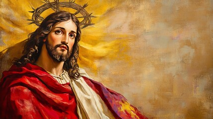 Fototapeta premium A serene figure adorned in rich, flowing robes gazes thoughtfully, surrounded by warm, golden hues that evoke feelings of peace and spirituality, inviting deep contemplation.