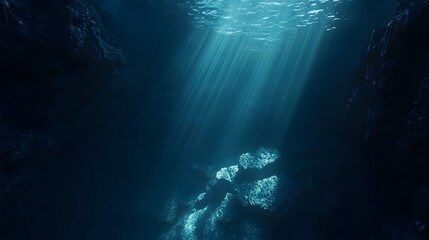 Naklejka premium Underwater cave sunlight beams, dark ocean floor, marine background, diving