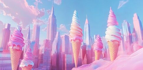 Giant Ice Cream Cones Tower Over a Pastel Cityscape