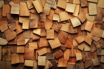 Close - up on Wood Surface with Pine Chips & Pieces. Brown Texture, Complex Debris for Oversized Floor. Depth & Real.