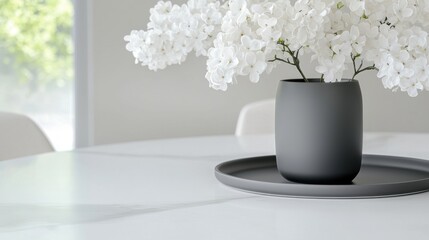 White table with a black vase on it. the vase is filled with white flowers, which appear to be hydrangeas. the flowers are arranged in a way that they are cascading down the sides of the vase.