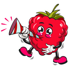 Cute raspberry fruit vektor illustration mascot character blow the party horn trumpet, work of hand drawn