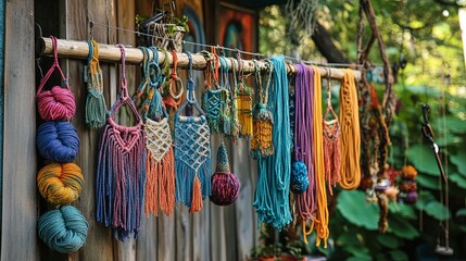 Fototapeta premium A vibrant outdoor macrame workshop with cords, beads, and rings