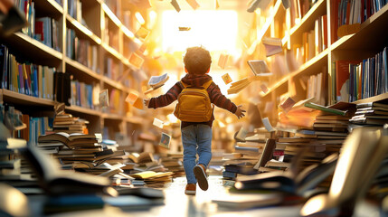 child with backpack joyfully runs through library filled with books, surrounded by warm glow