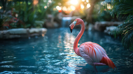 Fototapeta premium Flamingo wades through shimmering water in a lush tropical setting during golden hour at a serene resort. Generative AI
