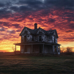 desaturated abandoned house with sunset backdrop