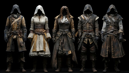 Five hooded figures, studio shot, dark background, game asset