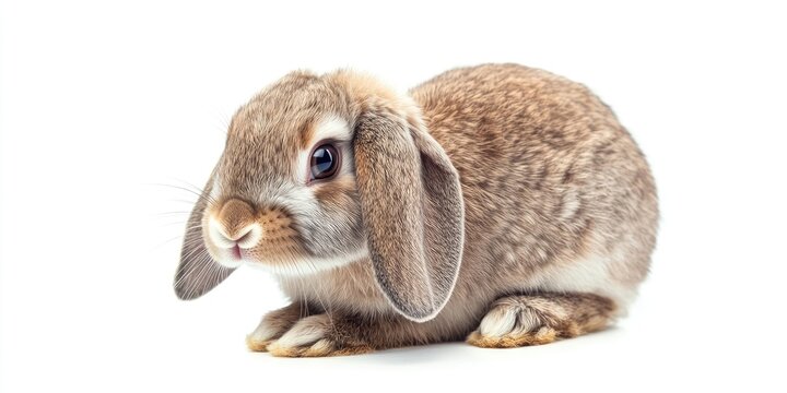 Detailed close-up of a lop-eared rabbit with soft brown fur sitting on a white background, positioned slightly to the left, showcasing expressive eyes.