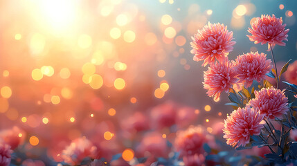 Delicate pink flowers bask in golden sunlight during a serene evening in a tranquil garden. Generative AI