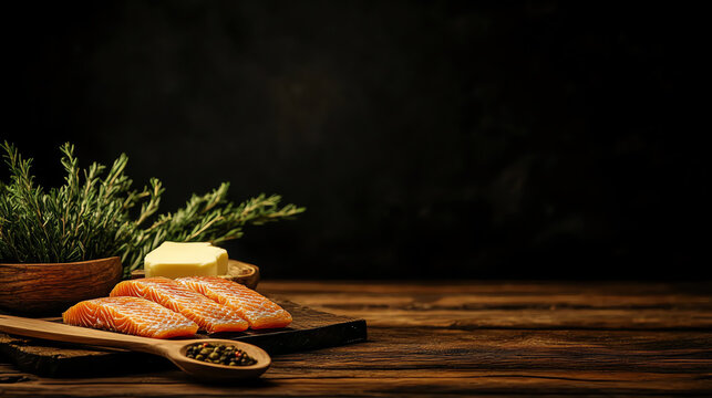 Icelandic Hardfiskur dried fish, styled with butter and traditional wooden utensils in a minimalist Nordic kitchen, [Arctic snack, unique flavors]