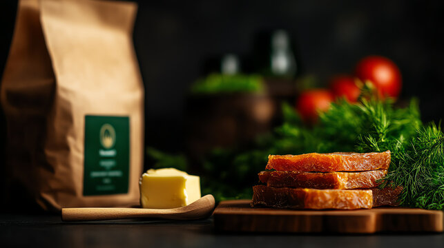 Icelandic Hardfiskur dried fish, styled with butter and traditional wooden utensils in a minimalist Nordic kitchen, [Arctic snack, unique flavors]