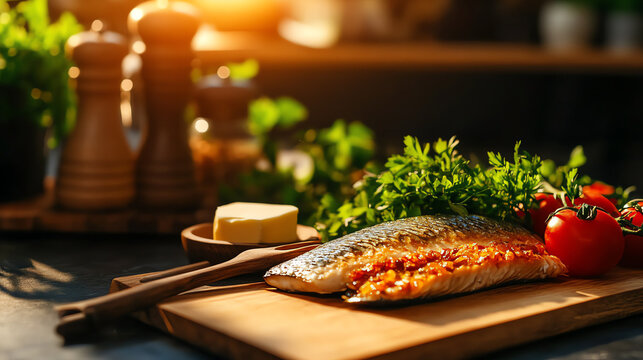 Icelandic Hardfiskur dried fish, styled with butter and traditional wooden utensils in a minimalist Nordic kitchen, [Arctic snack, unique flavors]