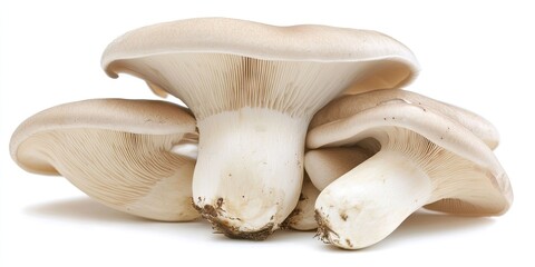 King oyster mushrooms Pleurotus eryngii displaying creamy white caps and stems on a clean white background arranged side by side with soft shadows