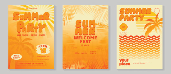 Summer party music poster  background vector set. Electro Sound Cover template with coconut tree, orange color, line wave, beach, sunset. Hot summer design for social media, party, music festival.