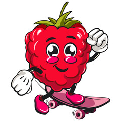 Cute raspberry fruit vektor illustration mascot character playing skateboarding, work of hand drawn