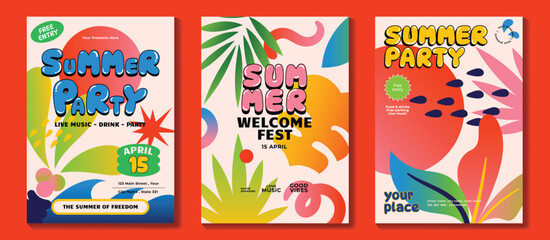 Summer party music poster background vector set. Electro Sound Cover template with vibrant organic shapes, colorful, sea wave, tropical leaf. Hot summer design for social media, party, music festival.