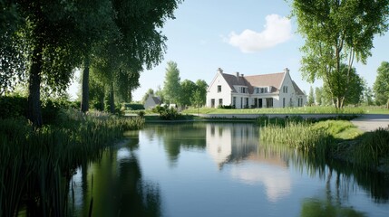 Fototapeta premium Serene countryside scene featuring a house by a tranquil pond.