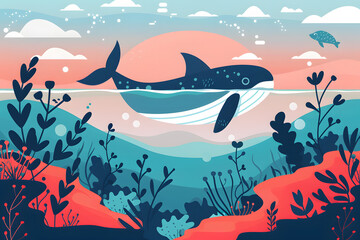 Naklejka premium World Oceans Day, Whale, To celebrate and raise awareness of the world's oceans Let's work together to conserve the sea, Flat design