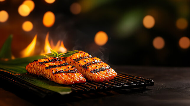 Indian Kerala Karimeen Pollichathu grilled fish, wrapped in banana leaves and styled in a tropical backwater setting, [South Asian seafood, artisanal cooking]