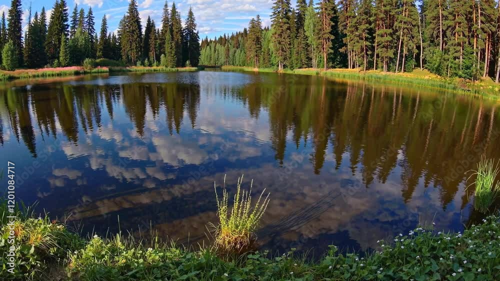 Poster scenic lake surrounded by tall pine trees in the countryside captures the tranquility of nature on a
