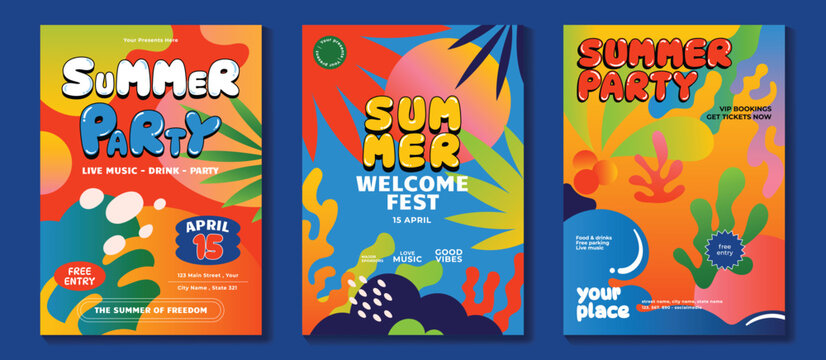 Summer party music poster background vector set. Electro Sound Cover template with vibrant organic shapes, colorful, sea wave, tropical leaf, coral. Design for social media, party, music festival.