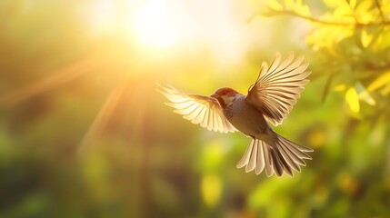 Obraz premium Sparrow flying through a city park at dawn on a isolated colorful background
