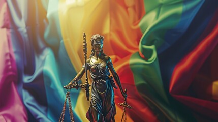 Statue of Justice - symbol of law and justice with lgbt flag. Lgbt rights and law Stock Photo photography
