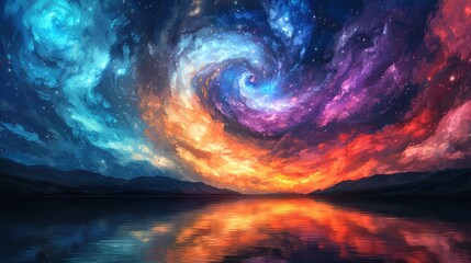 Stunning Abstract Cosmic Swirl Over Reflection in Calm Waters