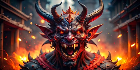 Obraz premium Fierce Red & Black Demon Creature Architectural Photography