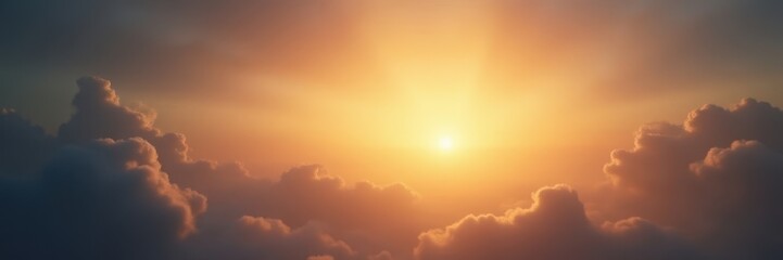 Fototapeta premium Golden light rays burst through clouds, celestial scene, golden rays of light, golden light effect