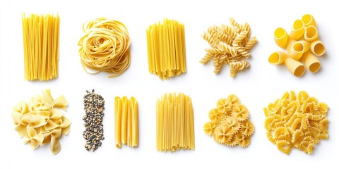 Assorted Italian pasta varieties arranged in rows including fettuccine farfalle fusilli spaghetti penne and conchiglie on a clean white background