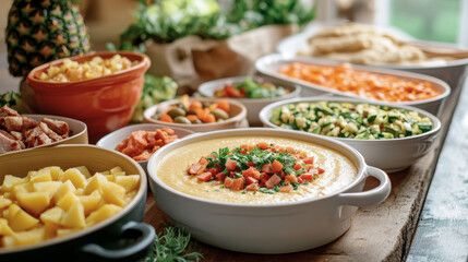 Fototapeta premium Dutch cuisine with salmon and egg salad, tomato soup with bitterballens, pea soup snert, stamppot potato with sausage, bean soup, diced beef with vegetables, soup with herbs, meat salad with pineapple