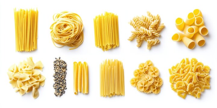 Assorted Italian pasta varieties arranged in rows including fettuccine farfalle fusilli spaghetti penne and conchiglie on a clean white background