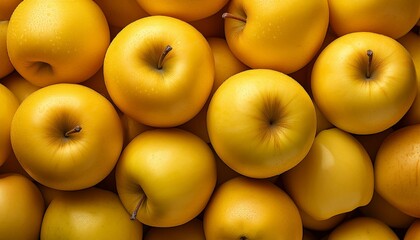 Flat Lay Top View of Bright Ripe Fragrant Yellow Apple Fruit as Background