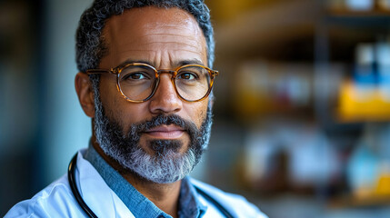 Fototapeta premium Professional doctor with glasses standing confidently in a modern medical facility showcasing dedication to patient care. Generative AI