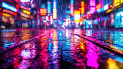 Fototapeta premium Vibrant Neon Reflections on Wet Streets in Rainy City Night