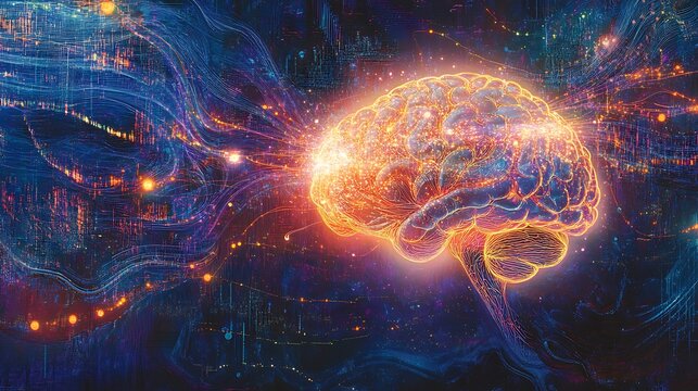 A human brain connecting with a digital brain illuminated by glowing neural pathways representing the fusion of technology and human consciousness