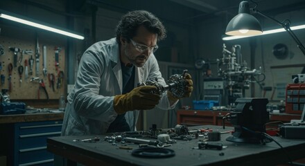 The Inventor's Workshop: A concentrated inventor meticulously assembles a complex mechanical device amidst a cluttered workshop. Tools and spare parts surround him.