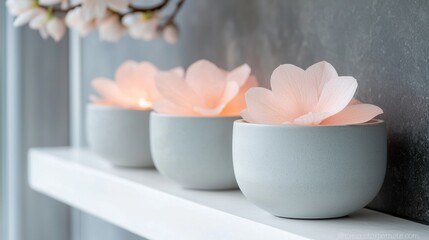 Three white ceramic bowls on a white shelf against a gray wall. the bowls are arranged in a row and each one has a pink flower-like decoration on top.