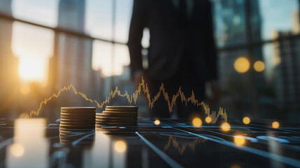 Abstract business Financial charts show a significant increase in profits in the stock market.This is driven by higher interest rates and continued growth. In the innovation world network of financial