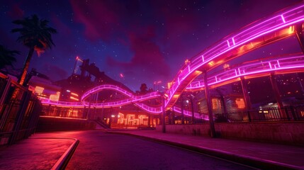 Vibrant Neon Lights illuminate an Amusement Park at Night